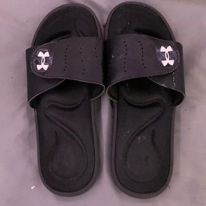 Black and White Adidas Slides.